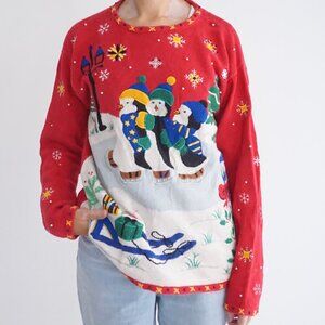 Vintage Designers Originals Red Knit Penguin Snowflake Star Beaded Sweater M